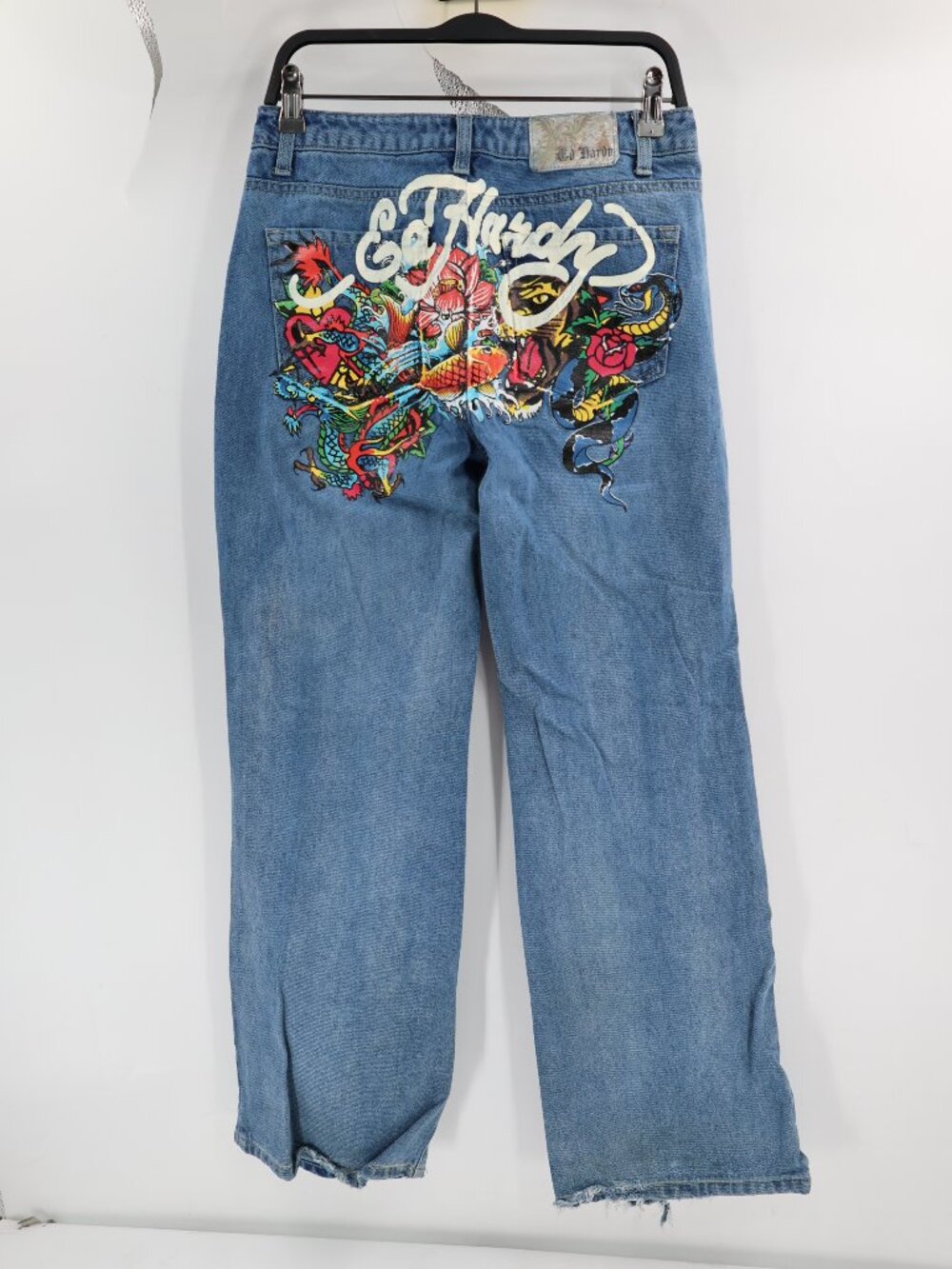 Y2K Ed Hardy Jeans Women 28 L31 Baggy Retro Snake Fish Dragon Hearts Tattoo Art